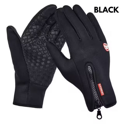 Black gloves with a textured palm and zipper on a white background