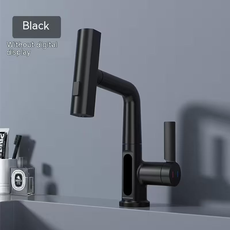 Black kitchen faucet on a gray countertop with a neutral background