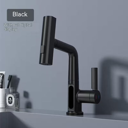 Black kitchen faucet on a gray countertop with a neutral background