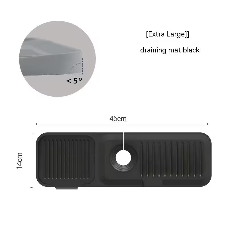 Black draining mat with measurements and text on a white background