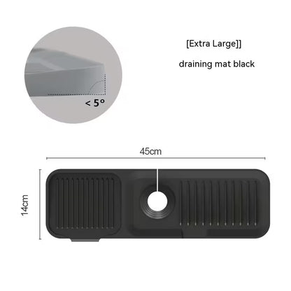 Black draining mat with measurements and text on a white background