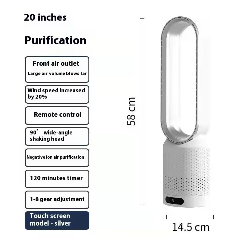 Bladeless Fan with Remote Control | Negative Ion Air Purifier Fan | 90° Oscillating | 8-Speed Touch Screen | Child Safe