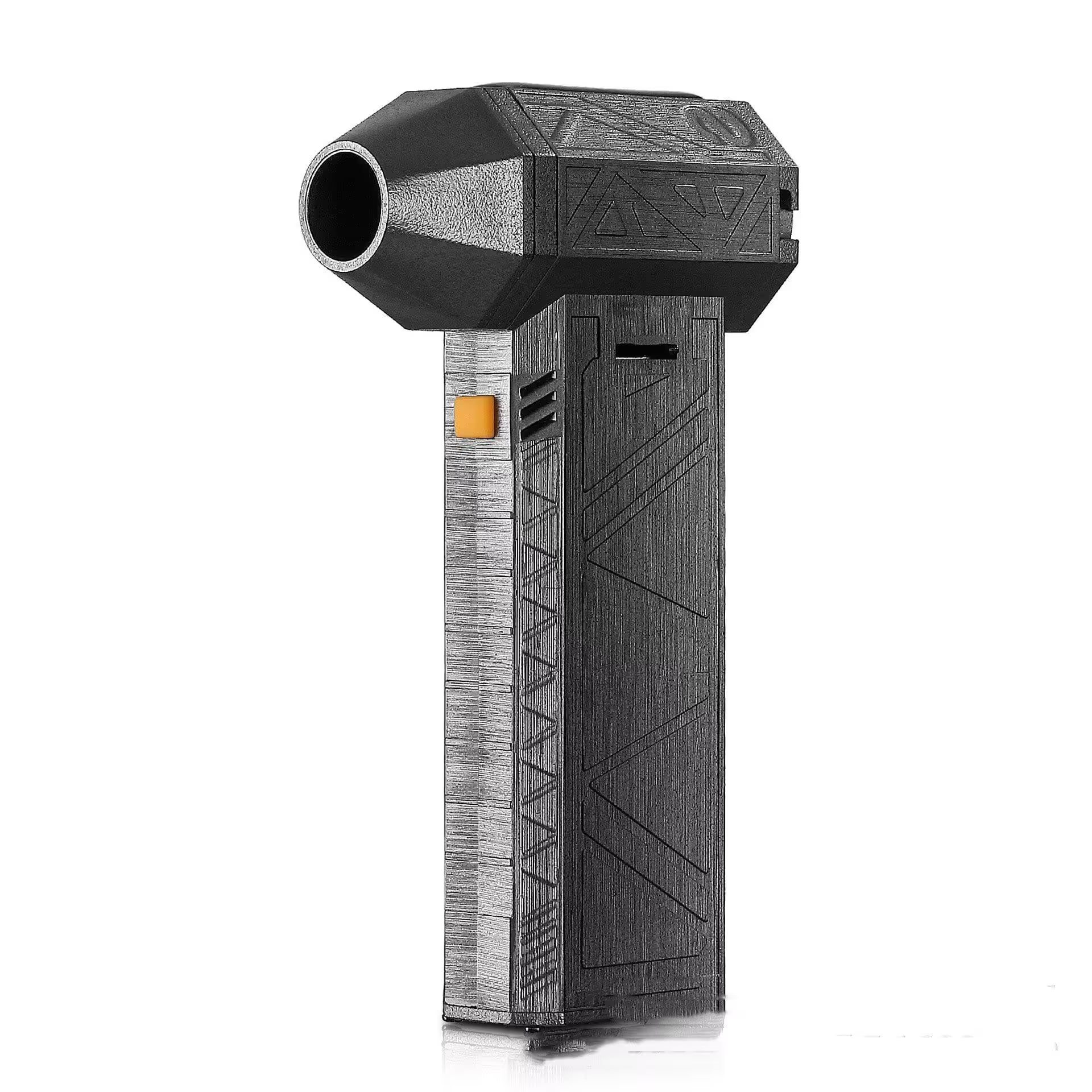 Black and gray textured cylindrical device with a circular opening on a white background