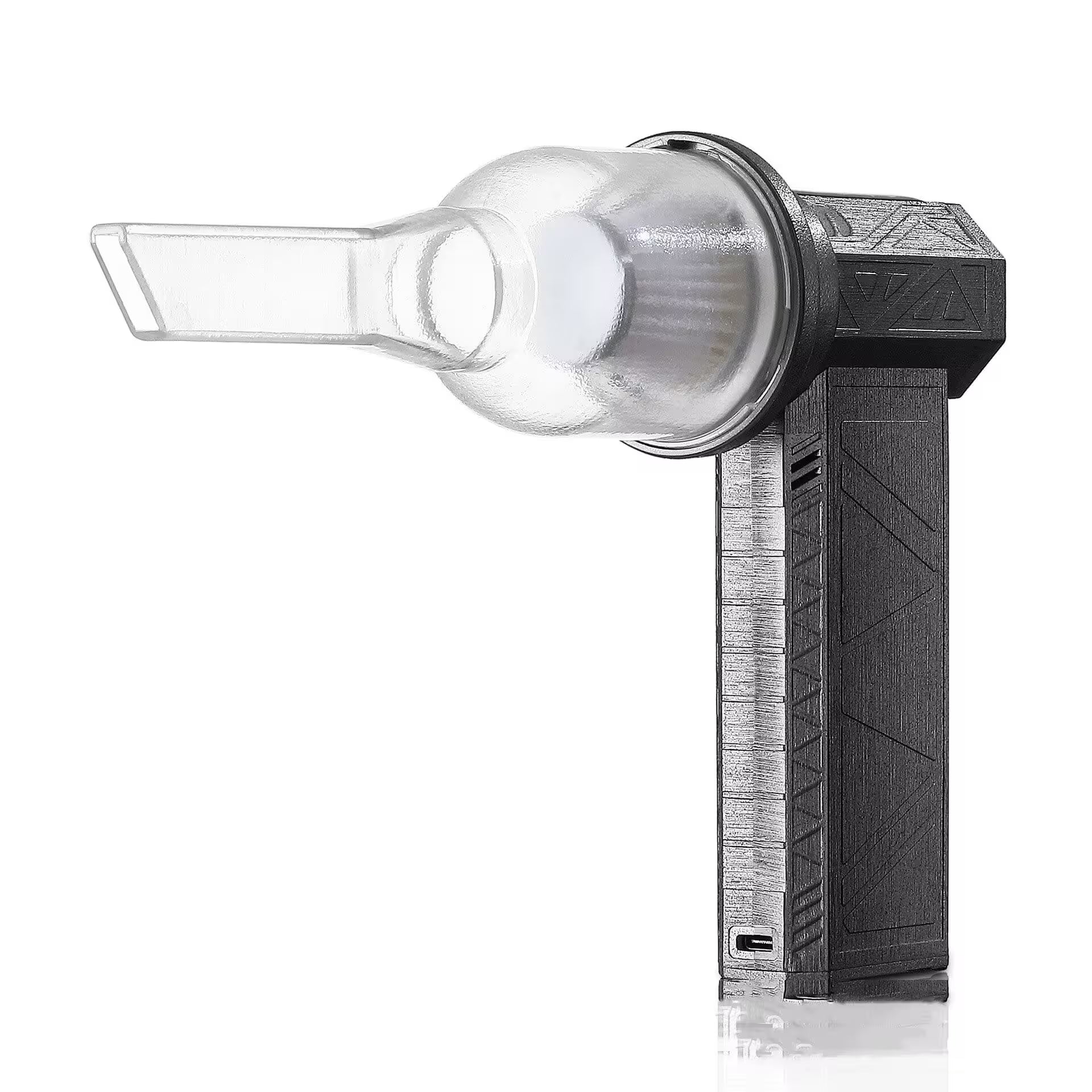 Black and gray electronic device with a transparent component on a white background