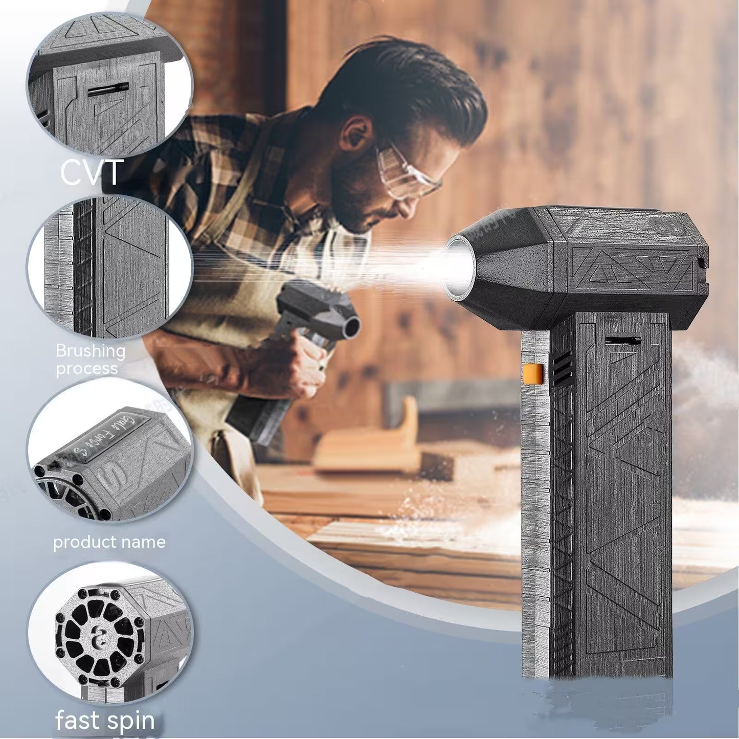 Person using a power tool with close-up details and branding on a blurred workshop background
