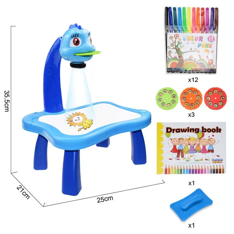 Children's drawing desk with accessories on a white background