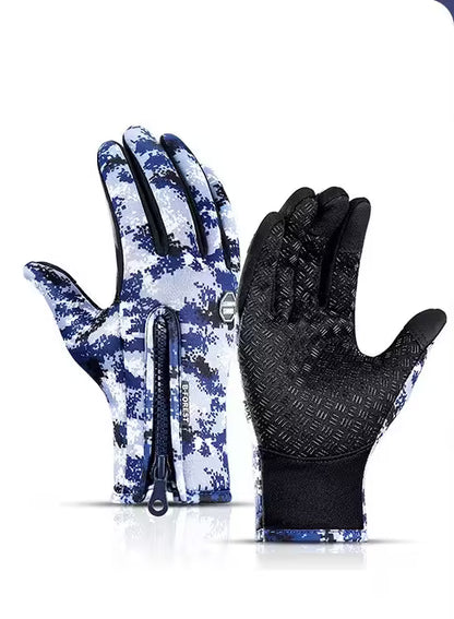 Pair of gloves with one in blue camouflage pattern and the other in black on a white background
