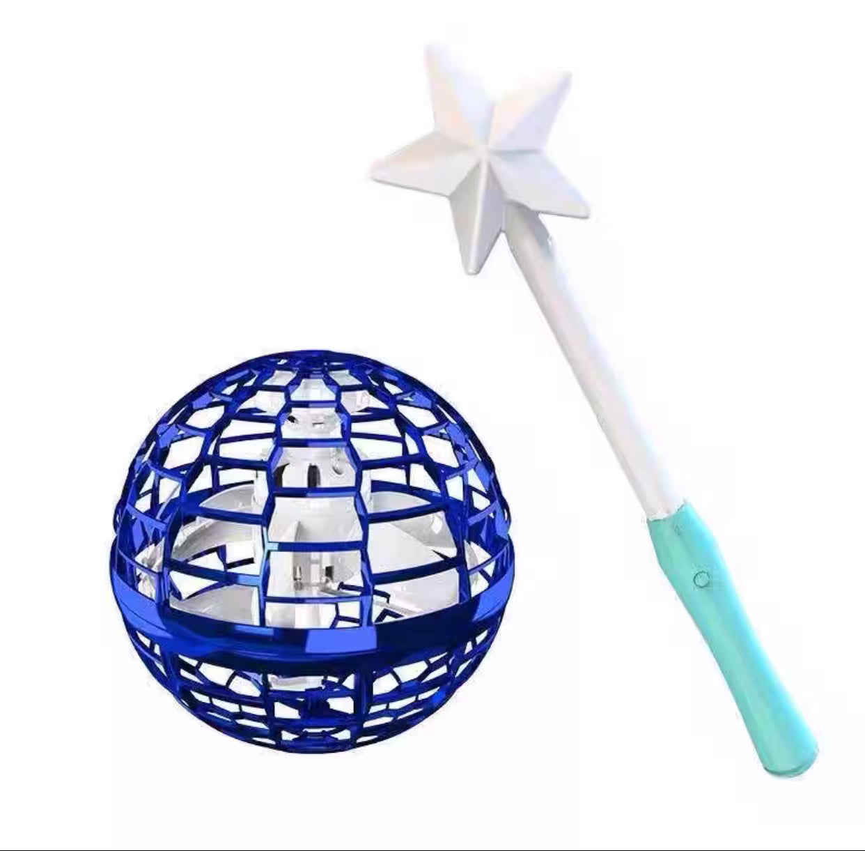 Blue spherical light with a white star-shaped wand on a white background