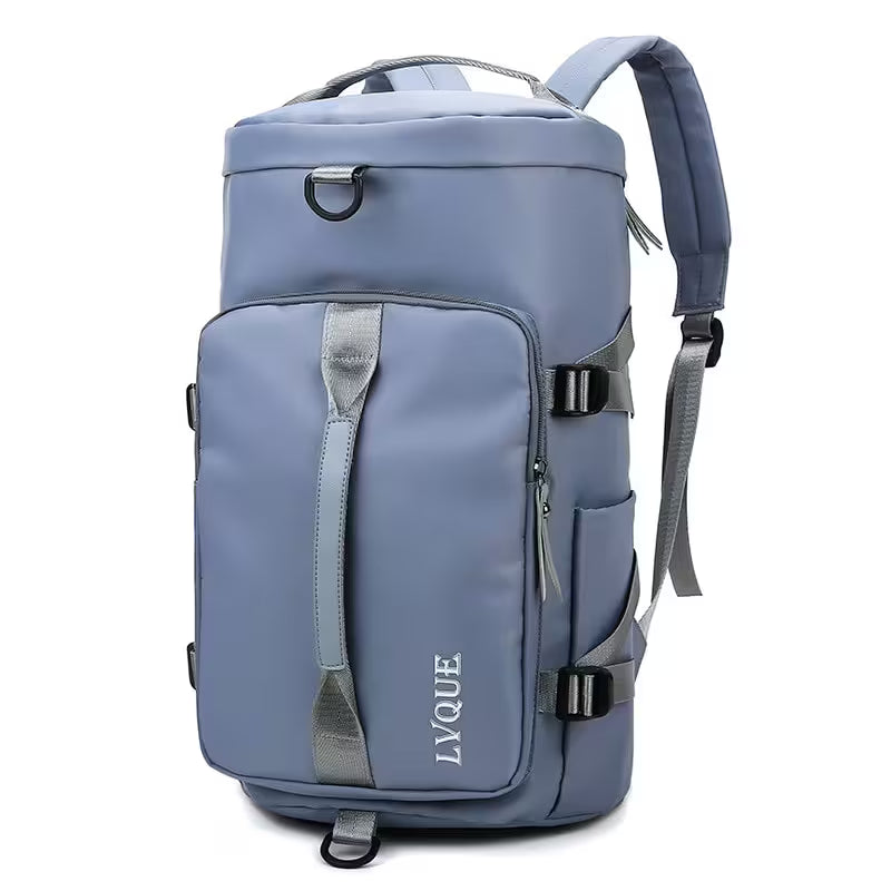 Blue backpack with gray straps on a white background