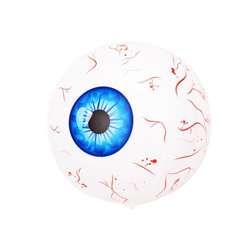 Blue eye with intricate white and red patterns on a white background