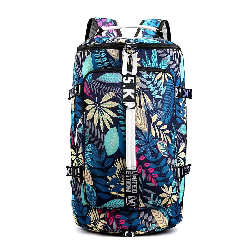 Multicolored floral-patterned backpack on a white background