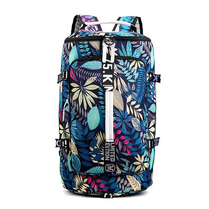 Multicolored floral-patterned backpack on a white background