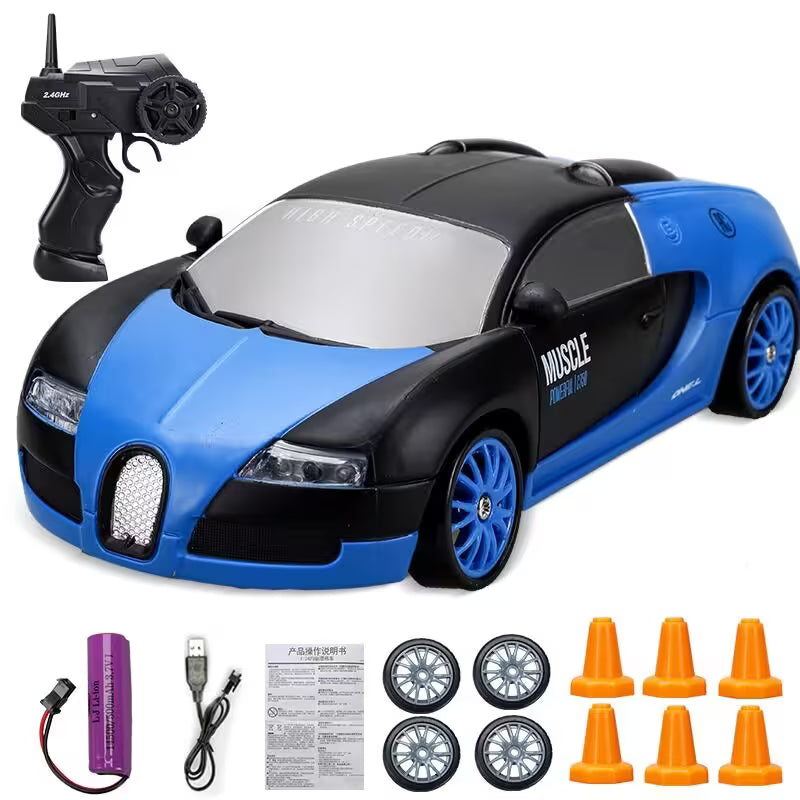 Toy car with remote control, battery, and accessories on a white background