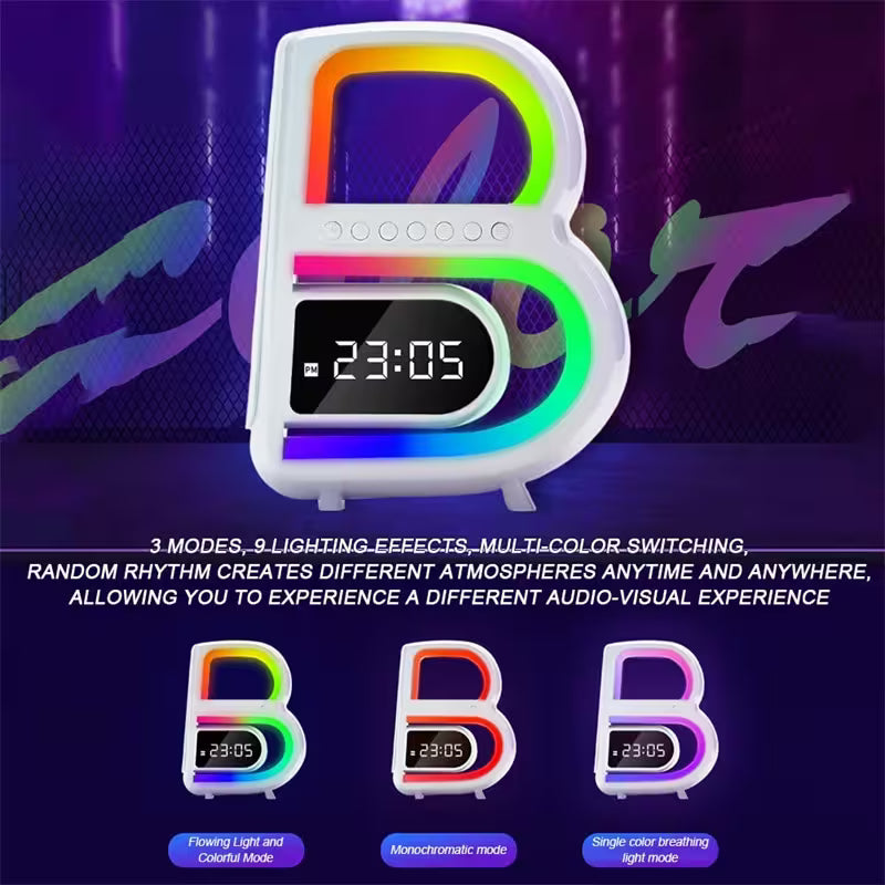 Colorful LED clock with digital display on a dark background