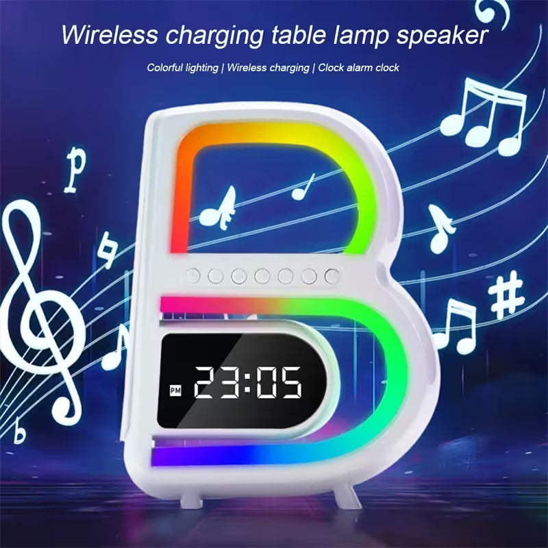 Wireless charging table lamp speaker with colorful lighting and digital clock display on a dark blue background with musical notes.