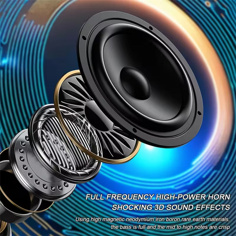 Speaker with text about full frequency high-power horn and 3D sound effects on a colorful background