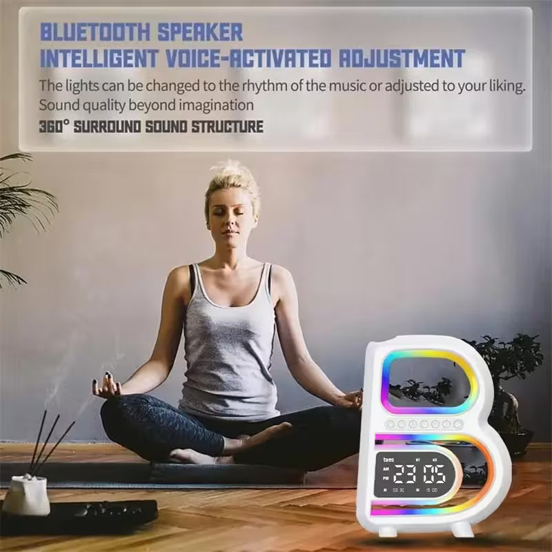 Woman meditating with a Bluetooth speaker in the foreground, featuring text about its features.