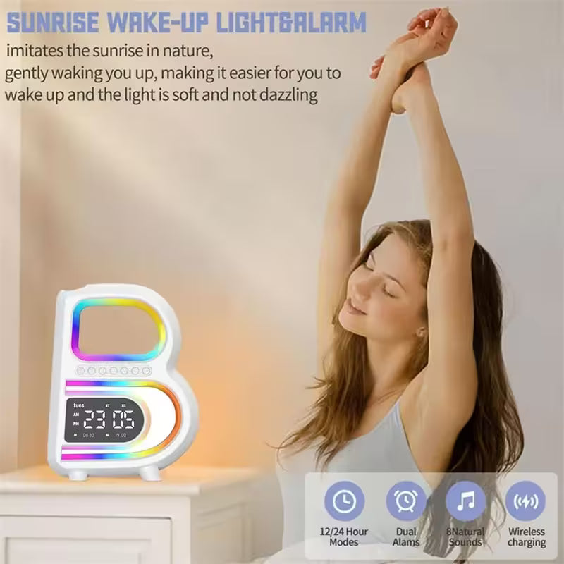 Sunrise wake-up light alarm clock with a woman stretching in the background