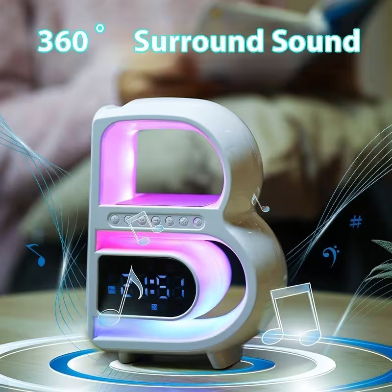 Decorative lamp with '360 Surround Sound' text and musical notes on a blurred background