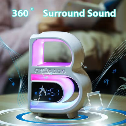 Decorative lamp with '360 Surround Sound' text and musical notes on a blurred background