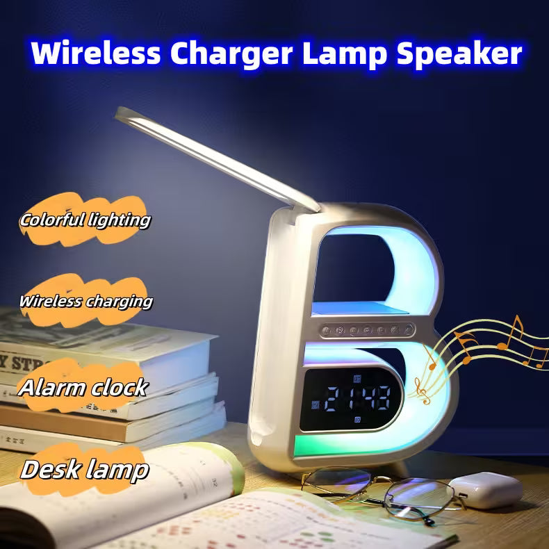 Wireless charger lamp speaker with colorful lighting, wireless charging, alarm clock, and desk lamp functions on a dark background.
