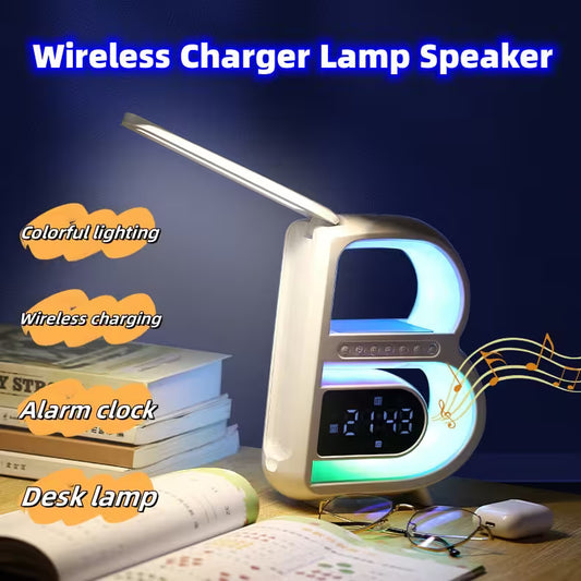 Wireless charger lamp speaker with colorful lighting, wireless charging, alarm clock, and desk lamp functions on a dark background.