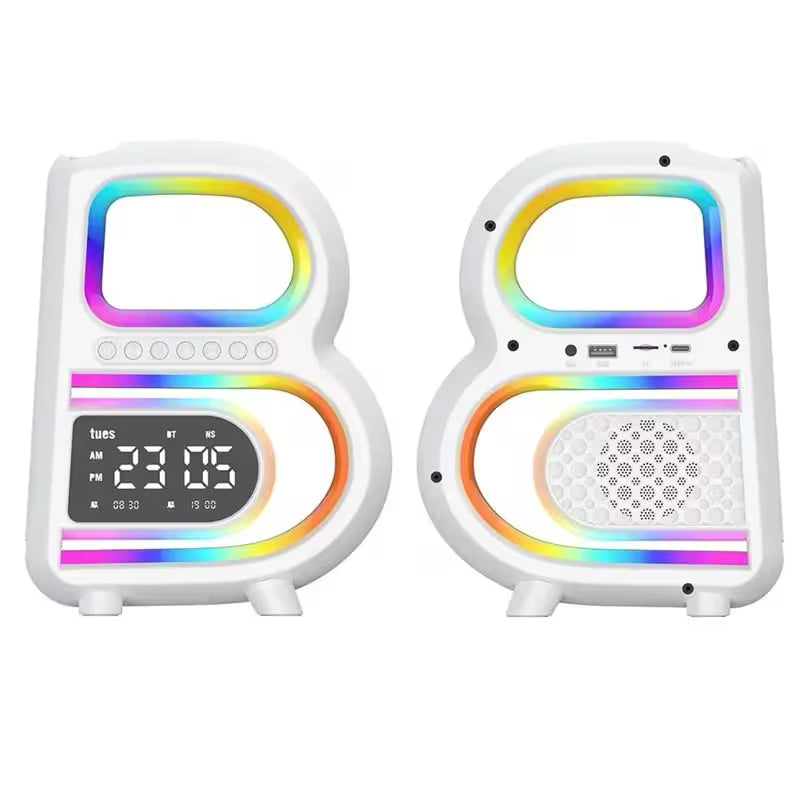 White electronic device with rainbow-colored display and speakers on a white background