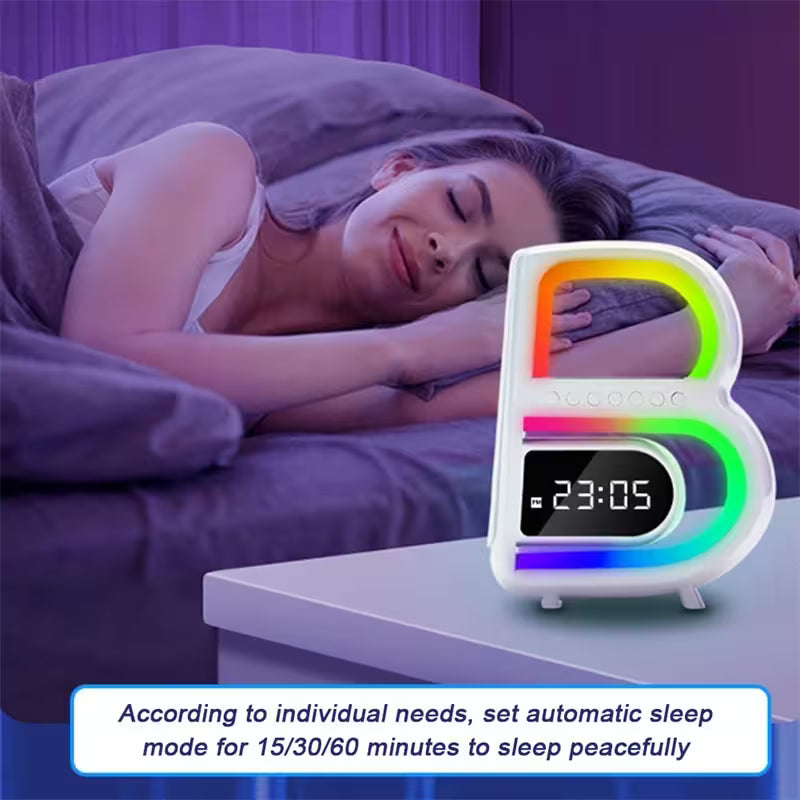 Woman sleeping with a colorful alarm clock on a nightstand