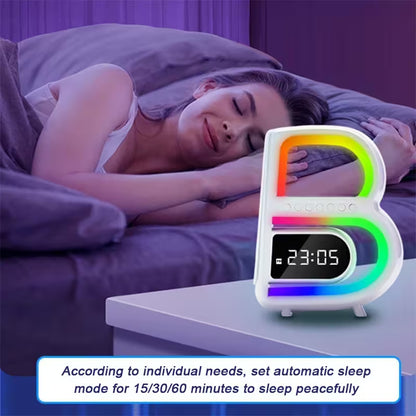 Woman sleeping with a colorful alarm clock on a nightstand