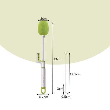 Measurement chart of a green cleaning brush with dimensions labeled on a beige background