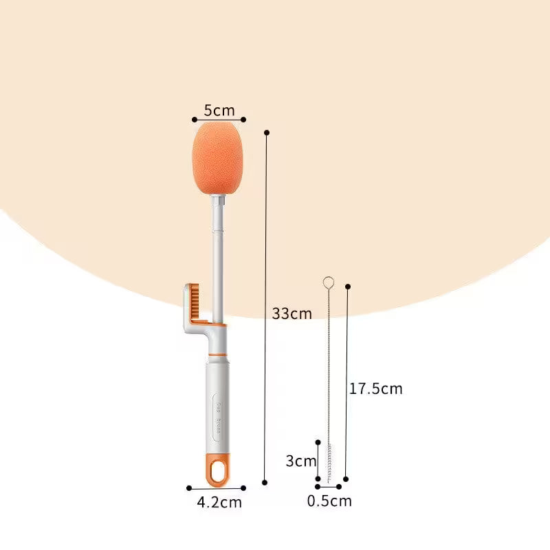 Measurement chart of a cleaning tool with an orange foam head and white handle on a beige background.