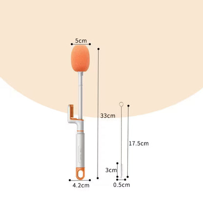 Measurement chart of a cleaning tool with an orange foam head and white handle on a beige background.