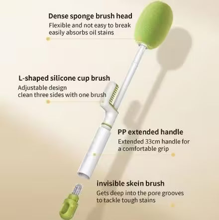 Multifunctional cleaning brush with dense sponge head, L-shaped silicone cup, PP handle, and skein brush on a beige background.