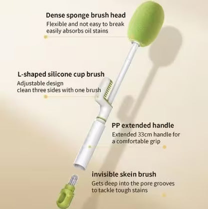 Multifunctional cleaning brush with dense sponge head, L-shaped silicone cup, PP handle, and skein brush on a beige background.