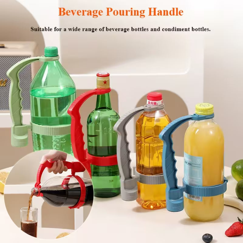 Beverage Pouring Handle being used with various bottles on a kitchen counter.