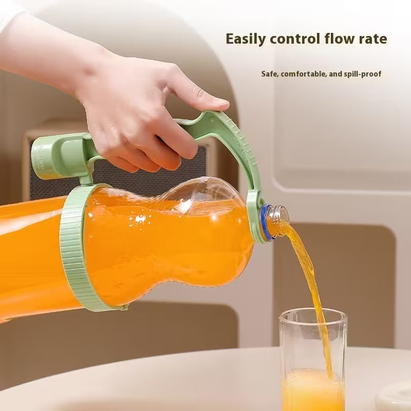 Hand pouring orange juice from a bottle with a green handle into a glass, with text indicating control flow rate and safety features.