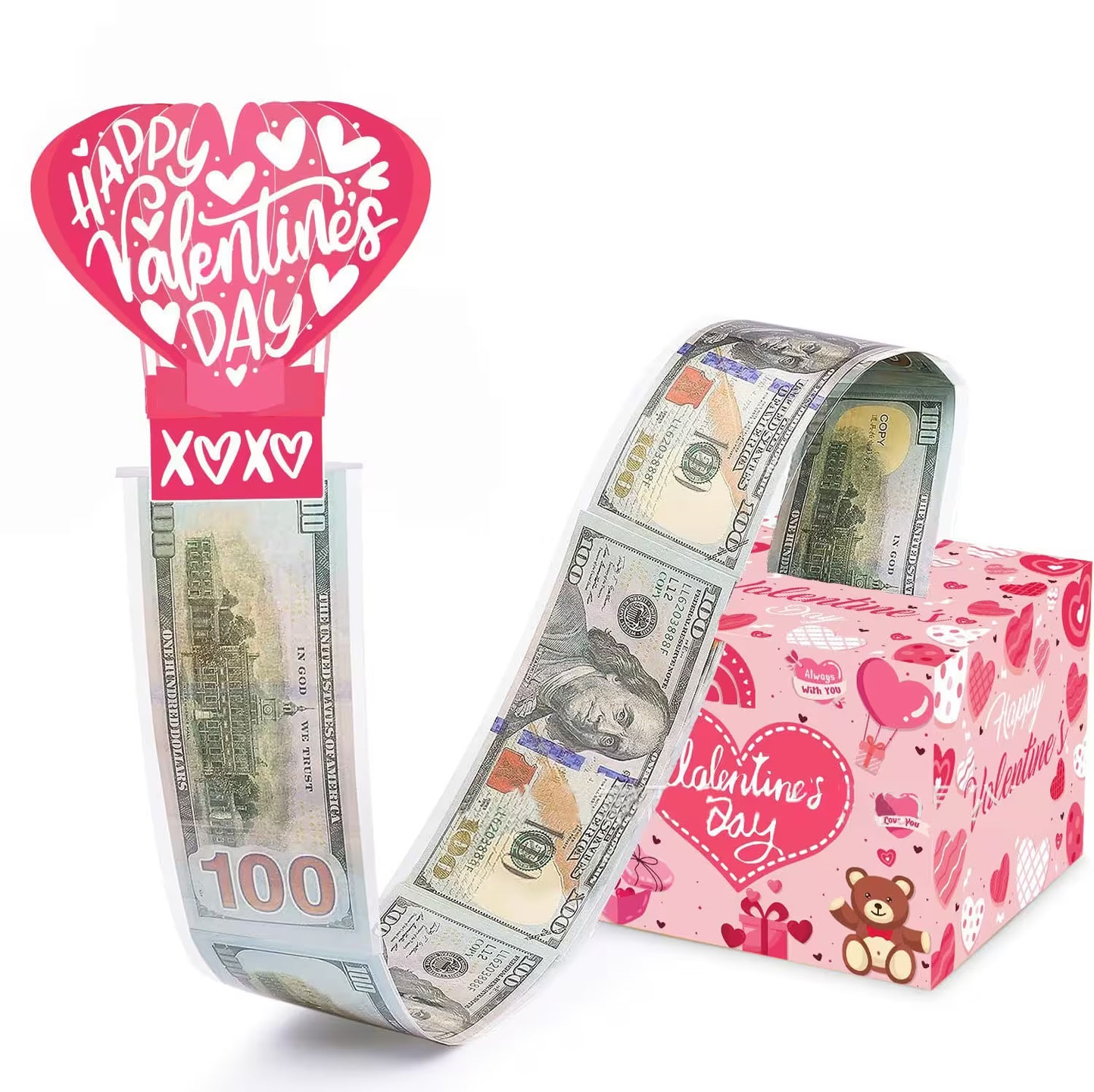 Roll of money shaped like a heart with Valentine's Day design on a white background
