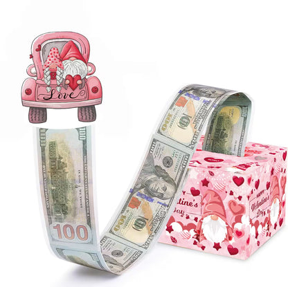Roll of dollar bills shaped like a heart with Valentine's Day-themed packaging and gnomes.