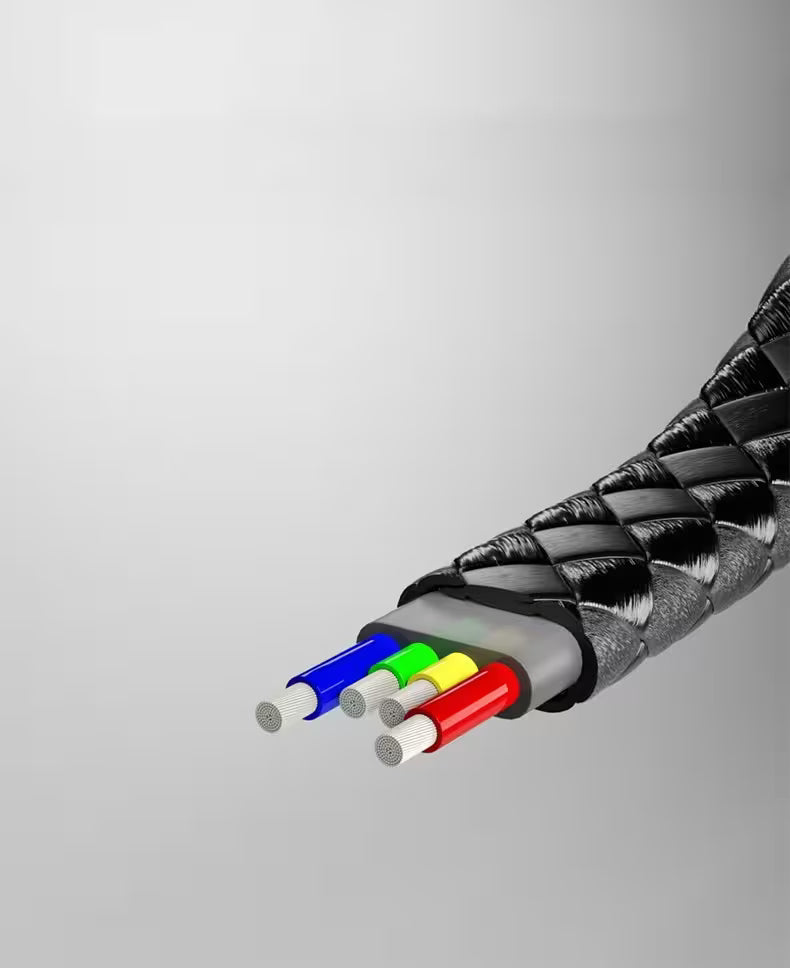 Close-up of a cable with colored cores on a gray background