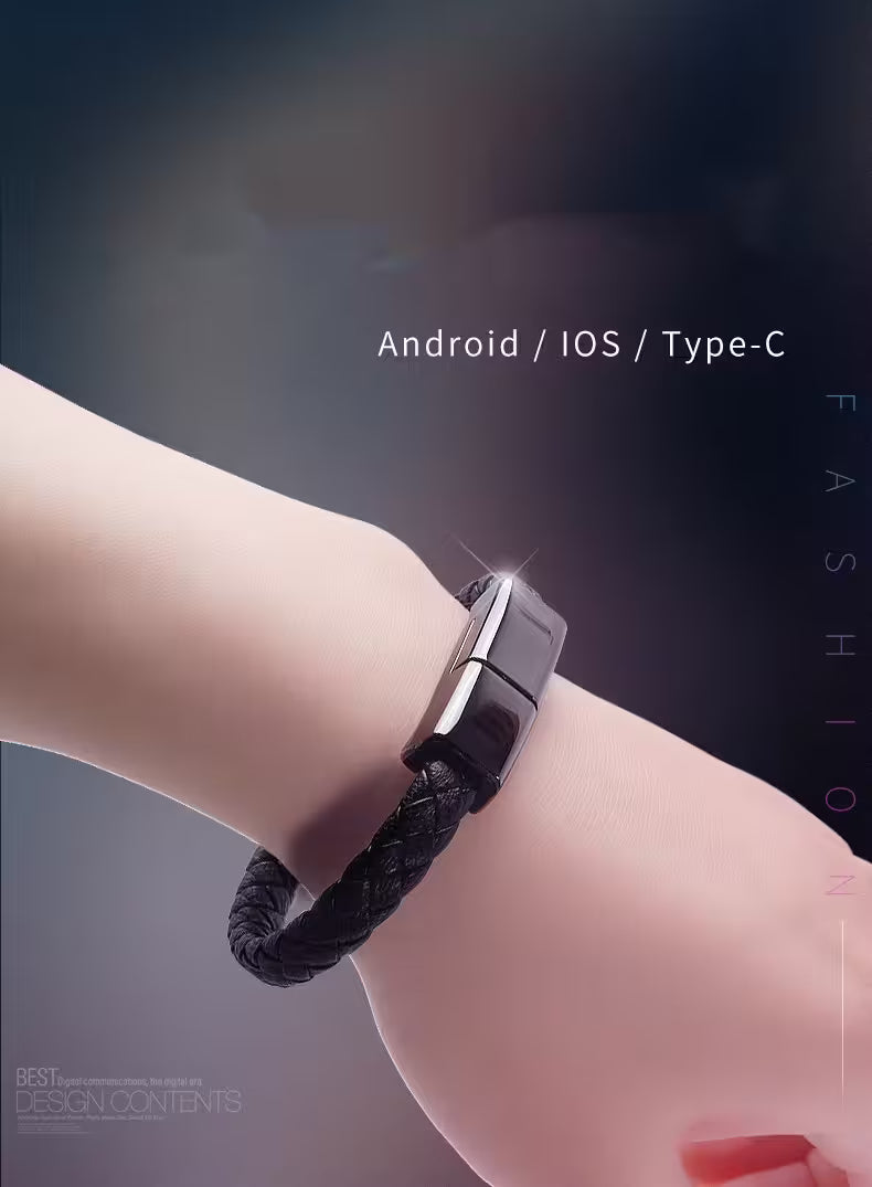 Smartwatch on a wrist with 'Android / iOS / Type-C' text on a blurred background