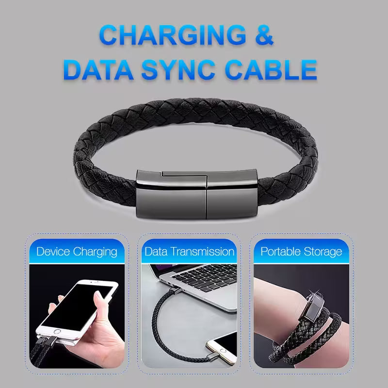 Black braided charging and data sync cable with text on a gray background