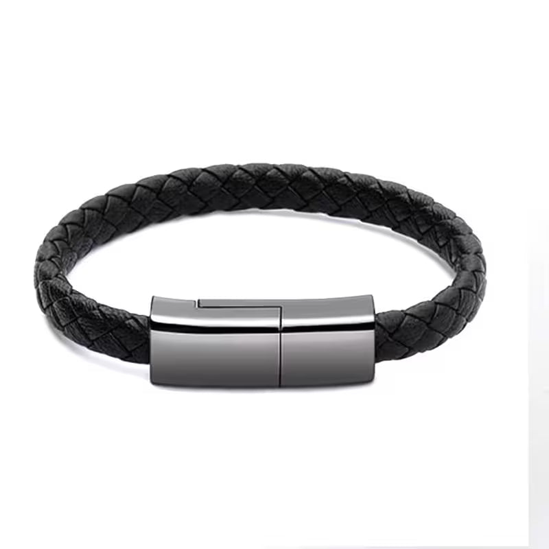 Black braided leather bracelet with a silver magnetic clasp on a white background
