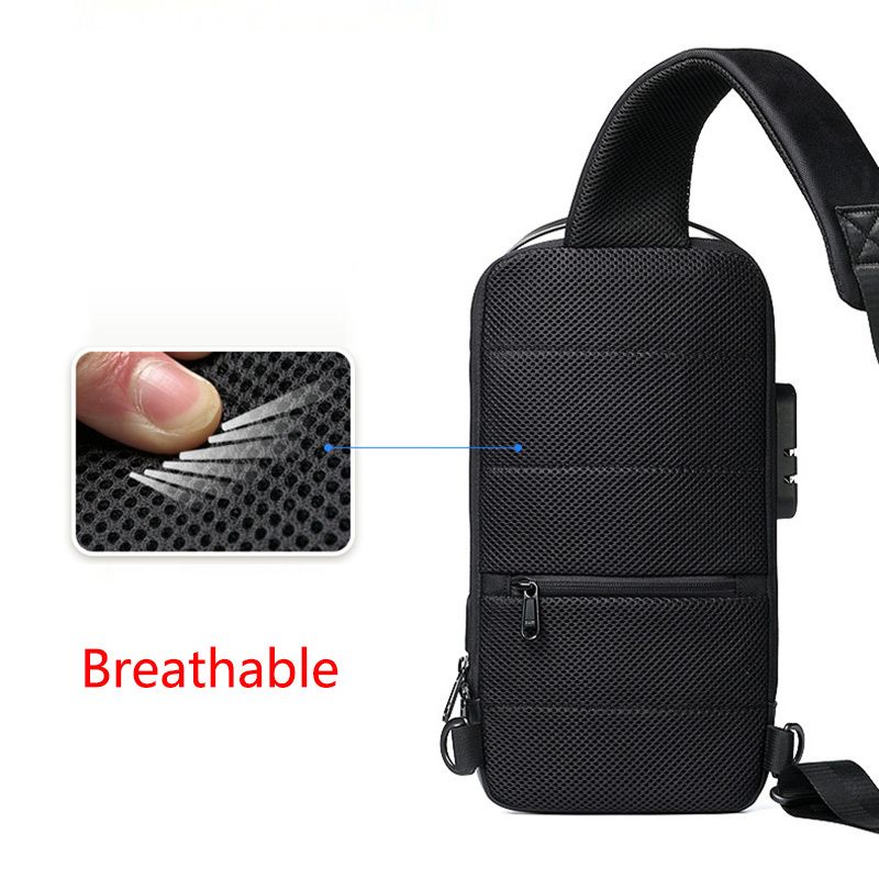 Black chest bag with breathable feature highlighted on a white background