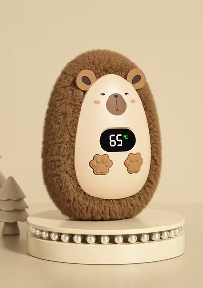 Hedgehog-shaped night light with digital display on a beige background