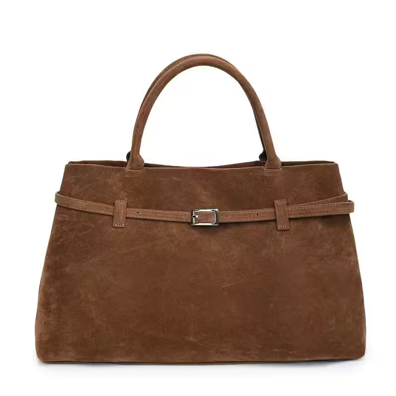 Brown handbag with a belt detail on a white background