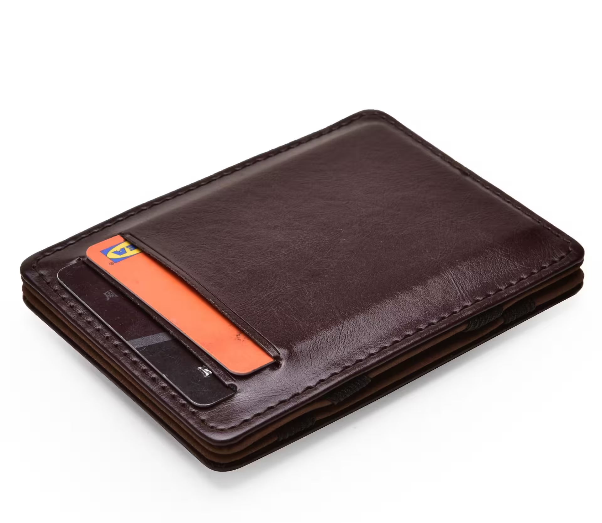 Brown leather wallet with card slots on a white background