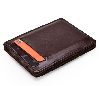 Brown leather wallet with card slots on a white background