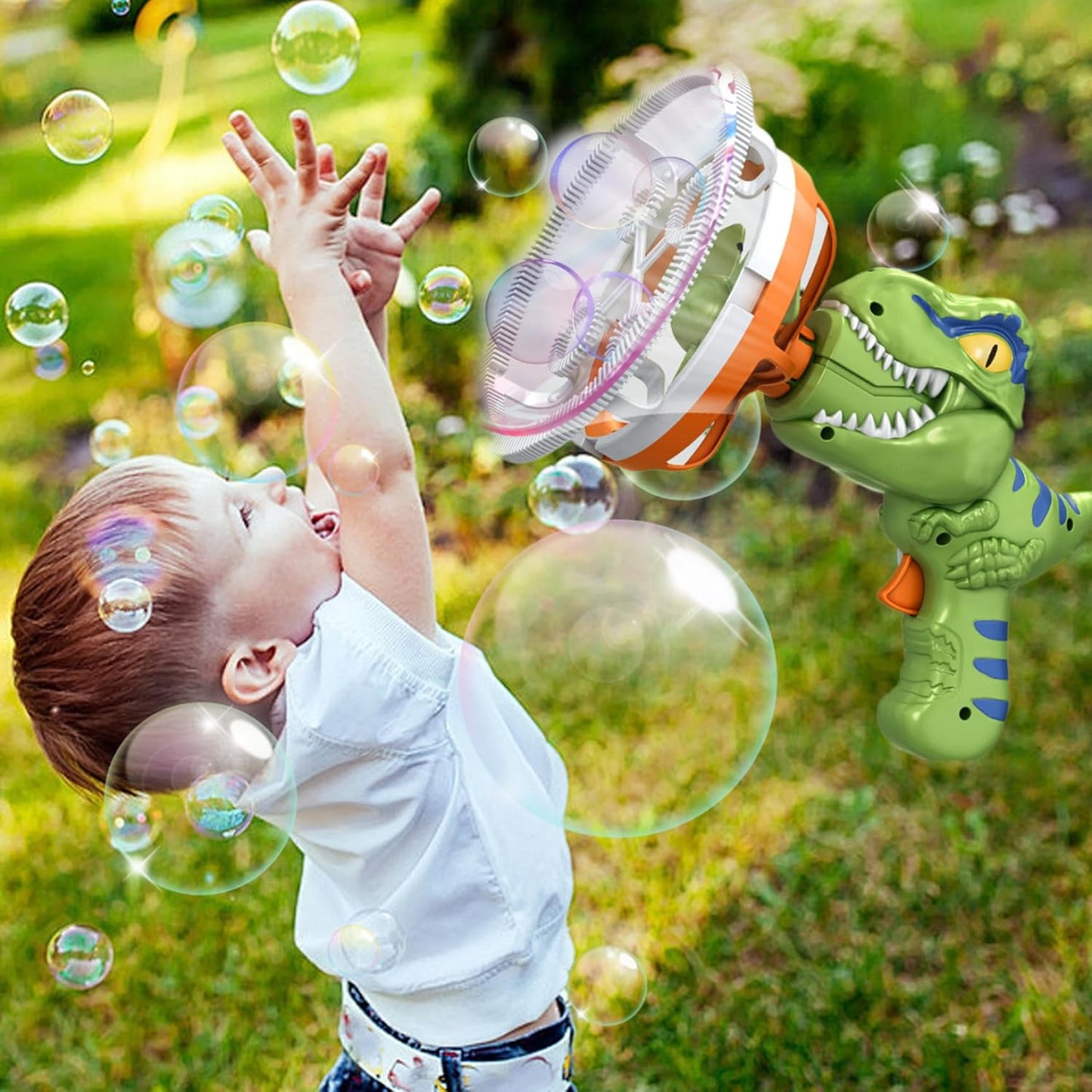 Kids-friendly Material: This bubble blower is made from non-toxic plastic material, safe bubble toy for your kids and pets. There are no sharp edge or a bad smell on this toy, no more worry for kids' finger injury. Kids are safe to carry it around and enjoy chasing bubbles.