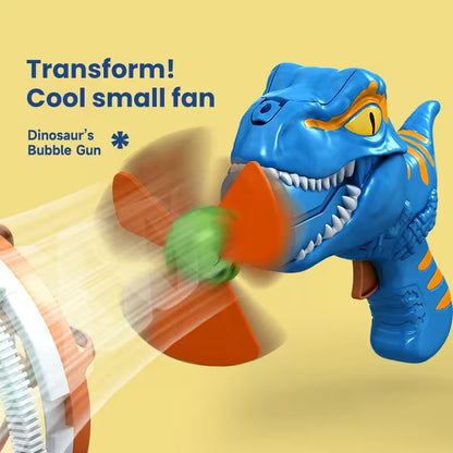 Dinosaur-shaped bubble gun with a small fan on a yellow background