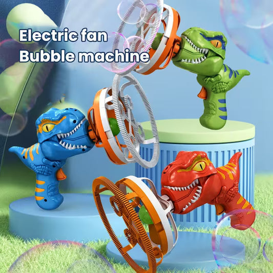 Three dinosaur-shaped bubble machines with electric fans on a grassy background.